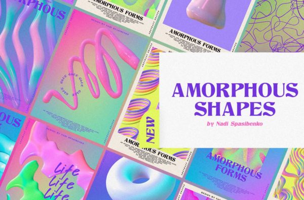 复古抽象视觉冲击不规则彩虹渐变立体三维3D艺术图形设计素材 Amorphous Shapes