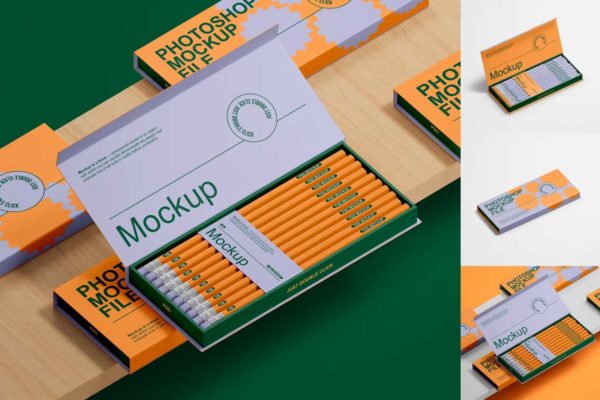 高级铅笔马克笔包装纸盒外观设计PS智能贴图样机模板 Pencil Packaging Mockup Set