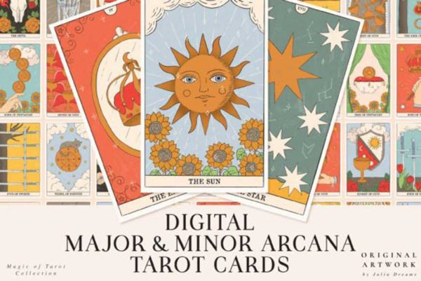 78款卡通有趣魔法塔罗牌贺卡封面设计手绘剪贴画设计素材包 Tarot Cards Major Minor Arcana Planner