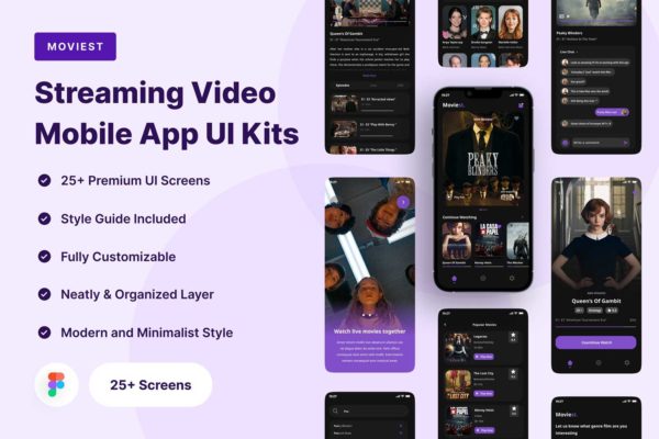 25+屏积极流媒体短视频应用程序APP界面设计UI套件FIGMA模板素材 Moviest – Streaming Video Mobile App UI Kits