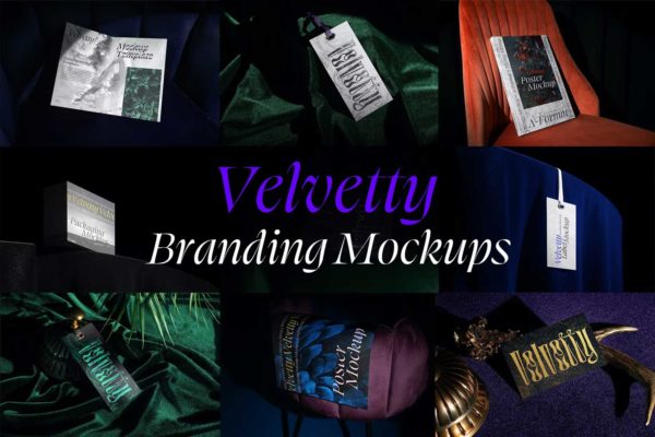 8款时尚高冷小册子海报名片标签品牌vi应用设计贴图ps样机模板 Branding Mockups Velvetty Series