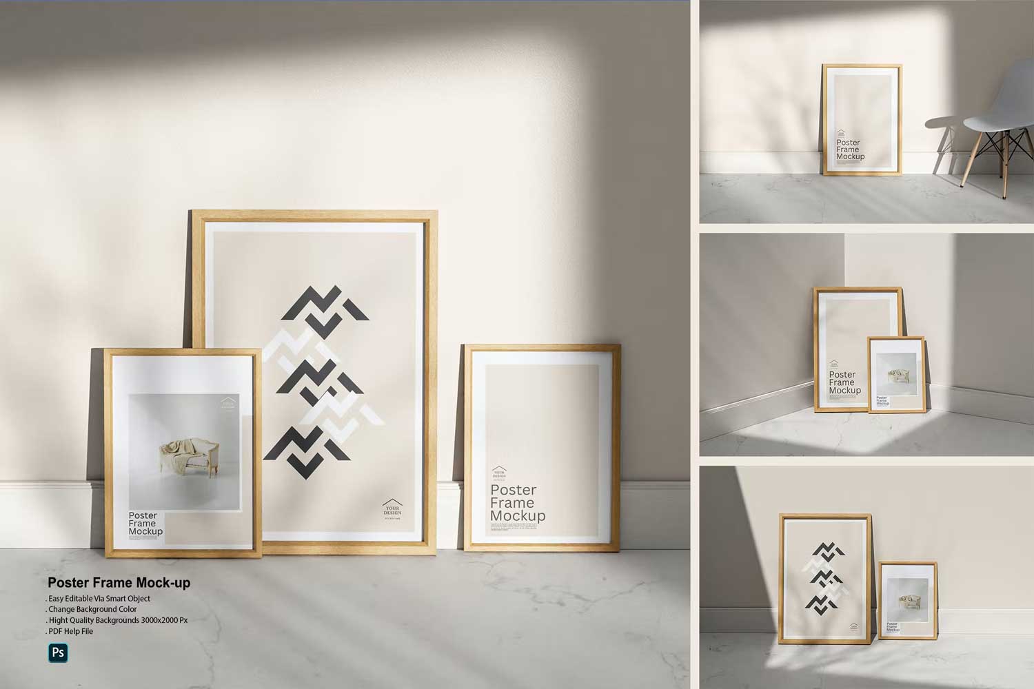 时尚室内挂画艺术品海报展示相框木框框架PSD样机模板 Poster Frame Mock-up插图