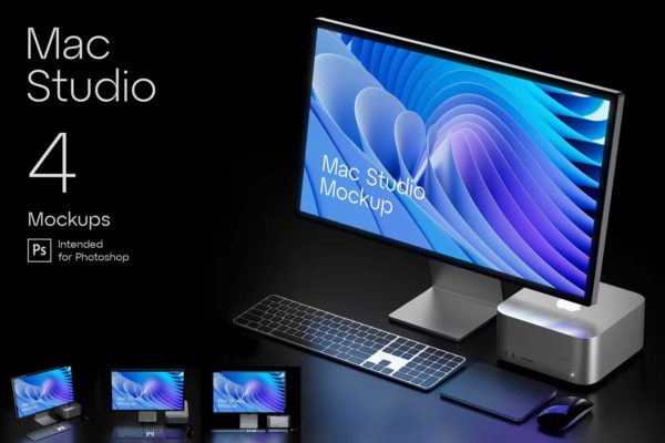 苹果Mac Studio Display电脑屏幕用户界面设计演示PSD样机模板 Mac Studio (Night Version) Mockup