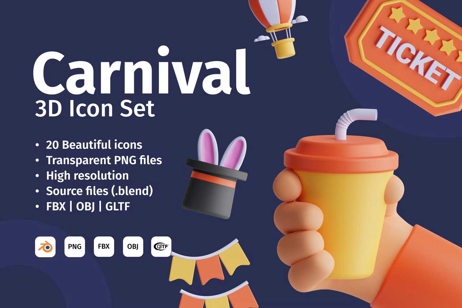 20个精美卡通嘉年华节日派对庆祝3D图标Icons设计素材包 Carnival 3D Icon Set插图 20个精美卡通嘉年华节日派对庆祝3D图标Icons设计素材包 Carnival 3D Icon Set插图