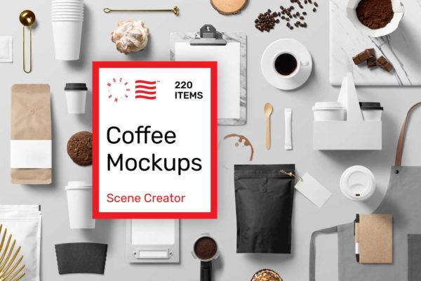 咖啡面包店铺品牌形象包装VI应用设计作品贴图展示ps样机模板素材 Coffee Mockups – Scene Creator