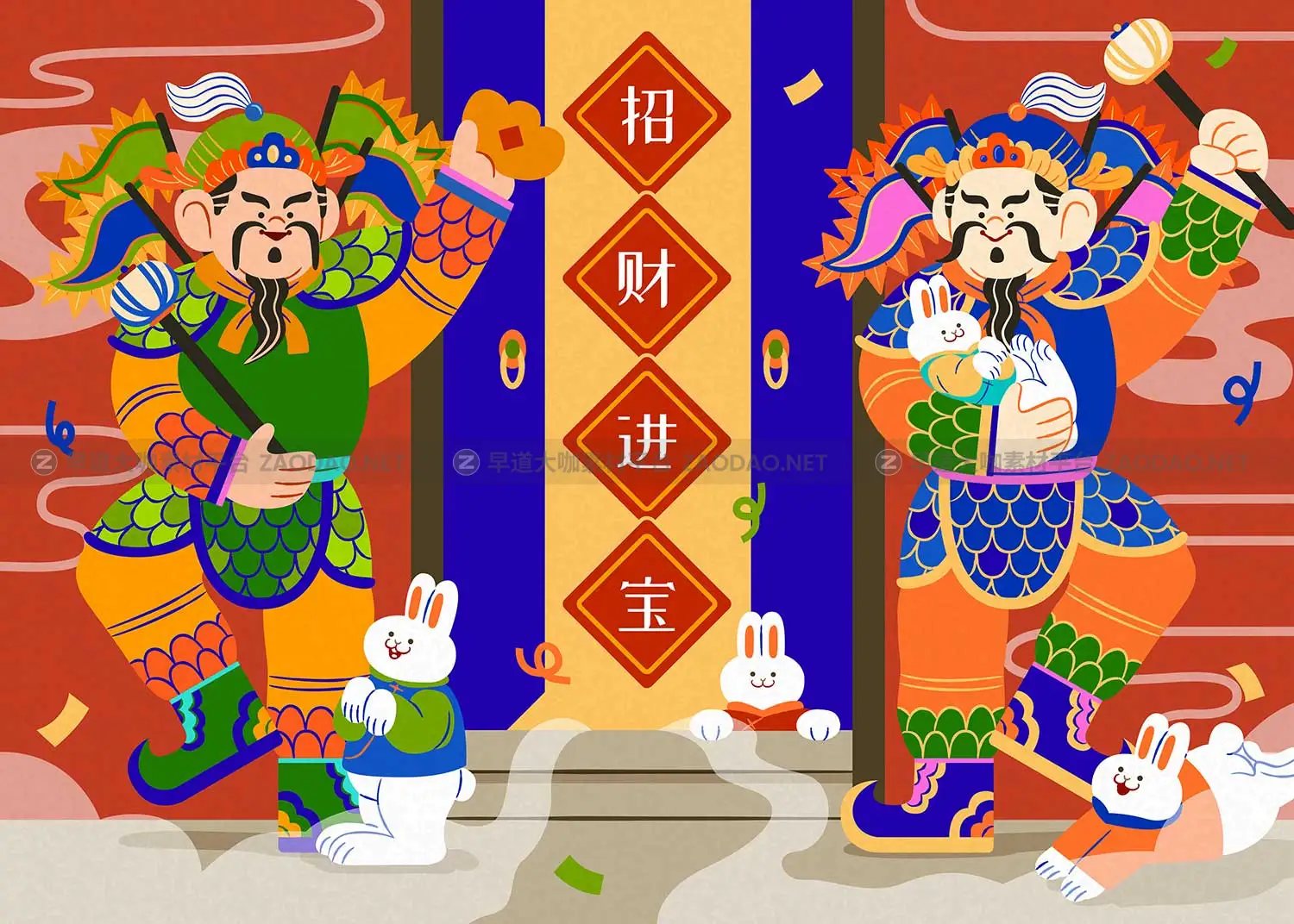中国风农历新年兔年春节招财进宝门神手绘插画海报EPS设计素材插图