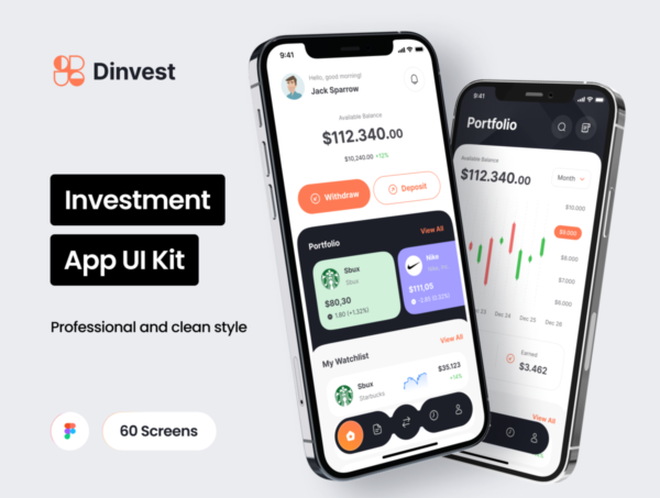 60+屏金融投资理财软件应用程序APP界面设计FIGMA模板素材 Dinvest – Investment Mobile App UI Kit