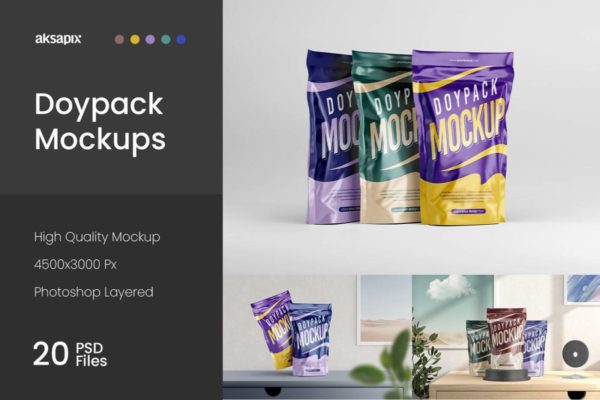 20款逼真食品零食塑料包装袋印花图案设计展示贴图PSD样机模板 Doypack / Pouch Packaging Mockup