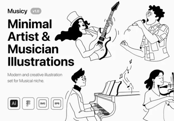 12幅卡通有趣音乐唱歌乐器演奏手绘插画插图AI矢量设计素材 Musicy – Artist – Musician Illustrations
