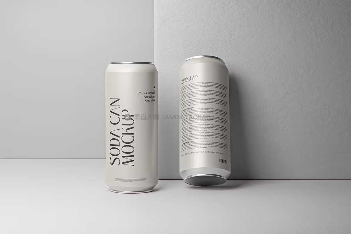 时尚听装苏打气泡水啤酒饮料金属锡罐易拉罐外观设计PS智能贴图样机模板 Soda Can Mockup插图1