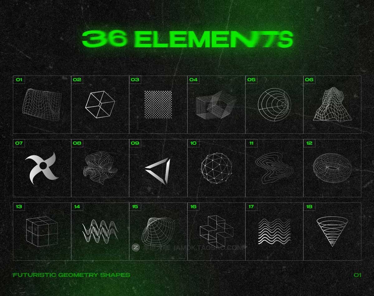 36款未来科幻酸性时尚网格抽象几何AI矢量设计素材 Futuristic Geometry Shapes插图2