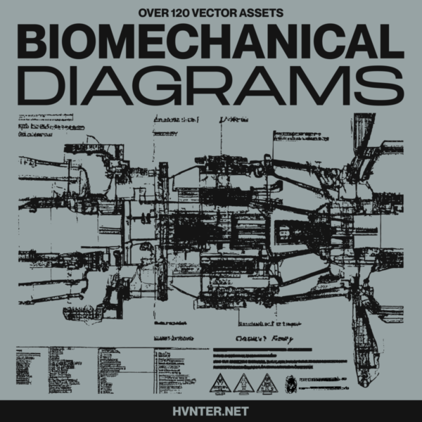 120+赛博朋克生物机械机甲未来科幻实验数据手稿AI矢量插画设计素材套装 Biomechanical Diagrams by Hvnter