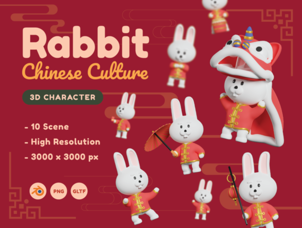 10款中国风农历新年兔年春节兔子3D图标Icons设计素材包 Rabbit Chinese Culture