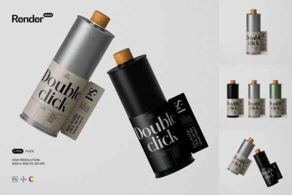 时尚圆形橄榄油酒水金属密封罐瓶包装设计贴图ps样机素材 Oil Metal Bottle Mockup