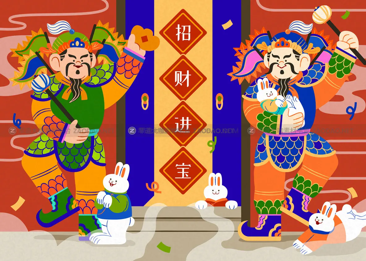 中国风农历新年兔年春节招财进宝门神手绘插画海报EPS设计素材插图1
