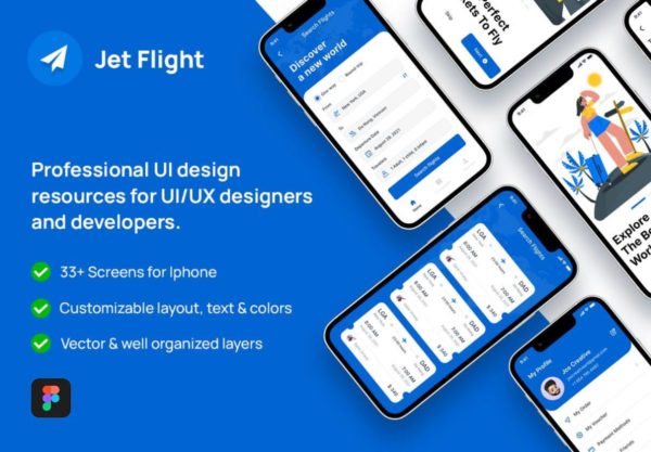33+屏时尚航班飞机票预定在线购买APP界面设计UI套件FIGMA模板素材 Jet Flight Booking App UI Design Kit