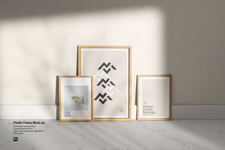 时尚室内挂画艺术品海报展示相框木框框架PSD样机模板 Poster Frame Mock-up插图5