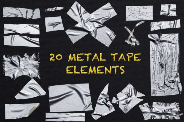 20款逼真褶皱金属胶带PNG免抠图背景图片设计素材 20 Realistic Metal Tape Isolated Object Overlays