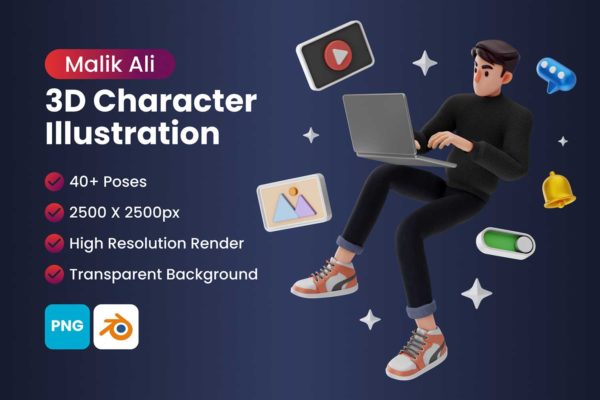 40+卡通商务男士邮件快递主题3D插画插图图标Icons设计素材 40+ Malik Ali – Unique Male 3D Character