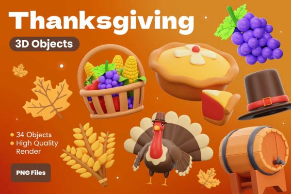 34款卡通趣味感恩节食物葡萄酒3D插画图标Icons设计素材包 Thanksgiving Foods 3D illustration