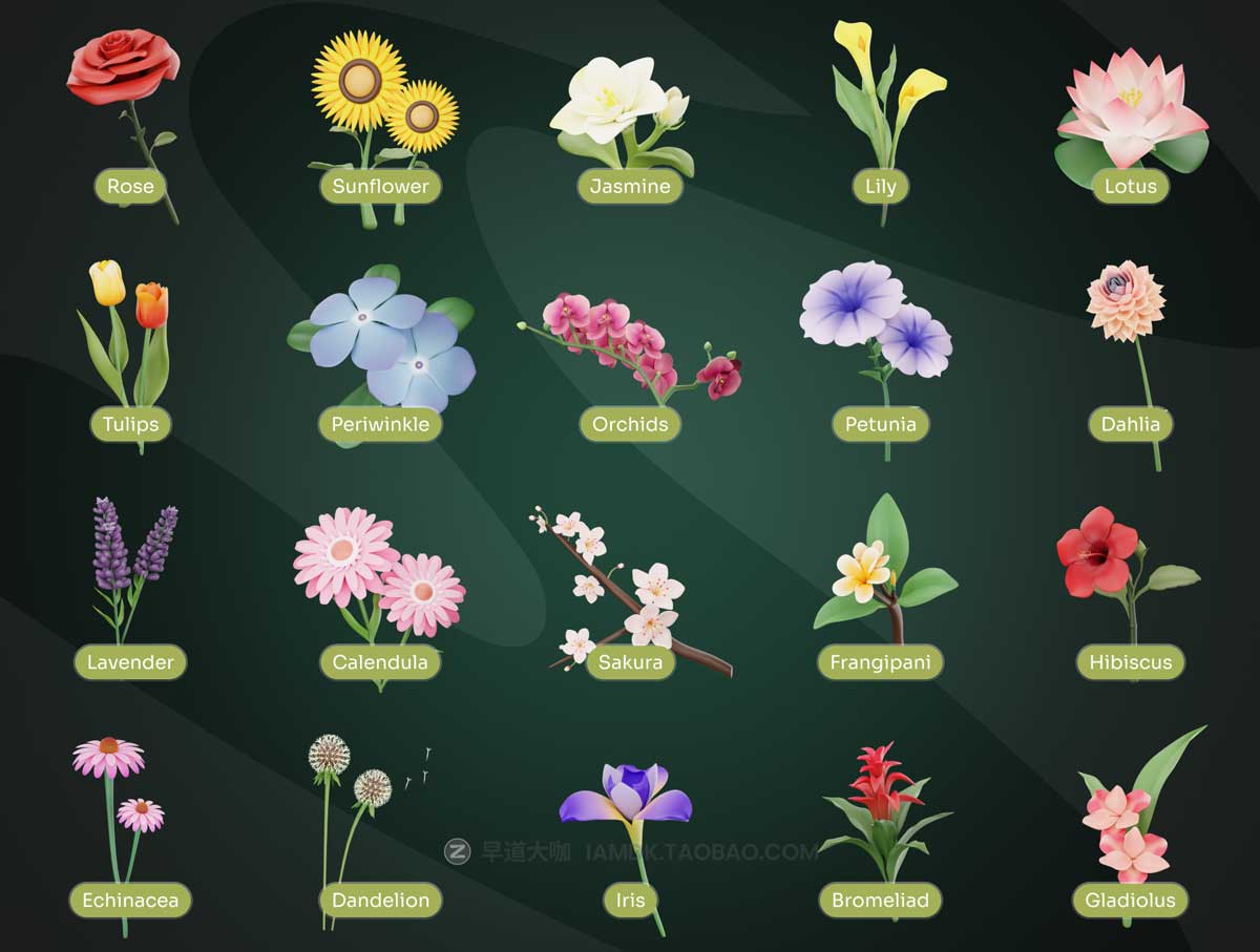 20款逼真玫瑰向日葵樱花植物花卉3D插图插画PNG免抠图片设计素材 Flowy – Flowers 3D Icon Set插图1