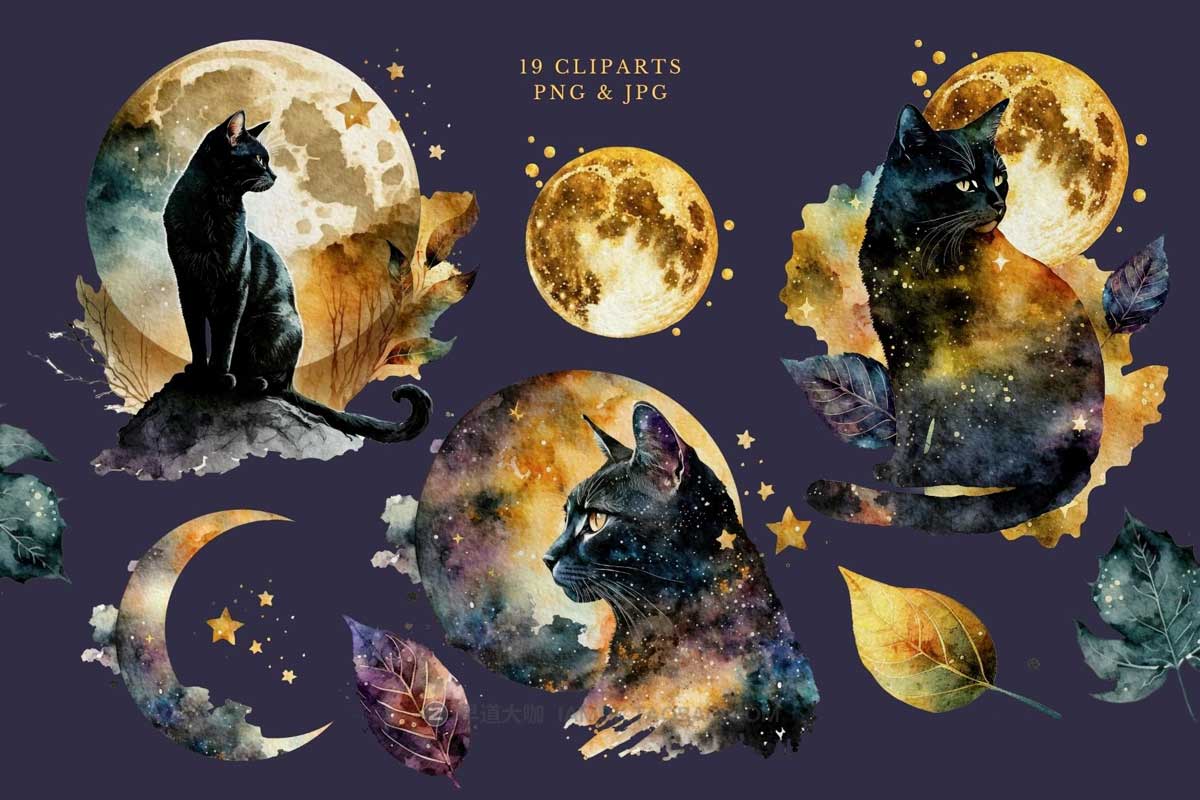神秘魔法猫猫月亮星星手绘水彩剪贴画PNG免抠背景图设计素材 Cat Watercolor Magic illustration插图1