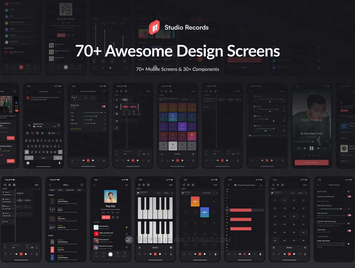 70+屏暗黑音乐播放器社交交友软件APP界面设计UI套件Figma模板素材 Studio Records DAW UI Kit插图1