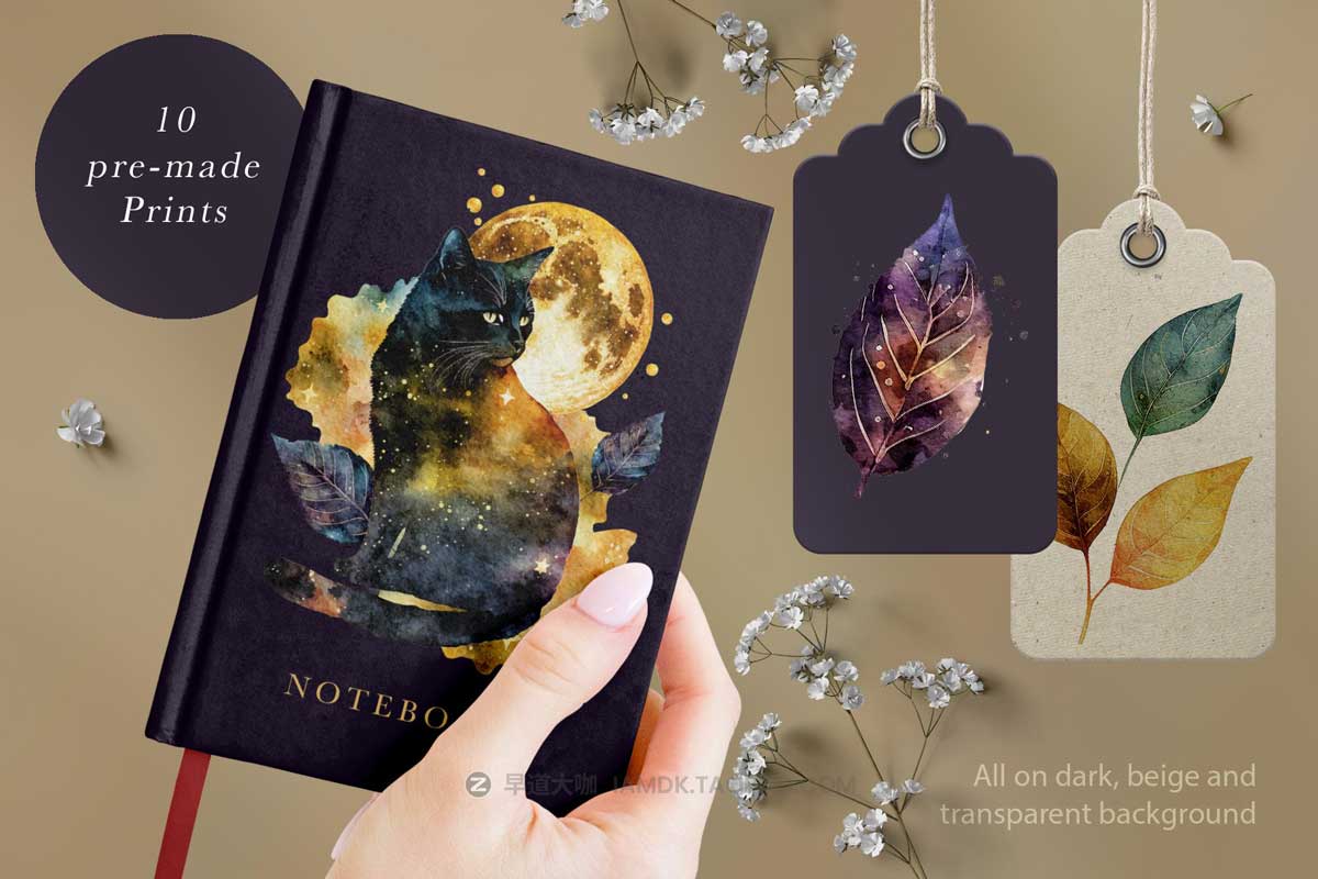 神秘魔法猫猫月亮星星手绘水彩剪贴画PNG免抠背景图设计素材 Cat Watercolor Magic illustration插图4