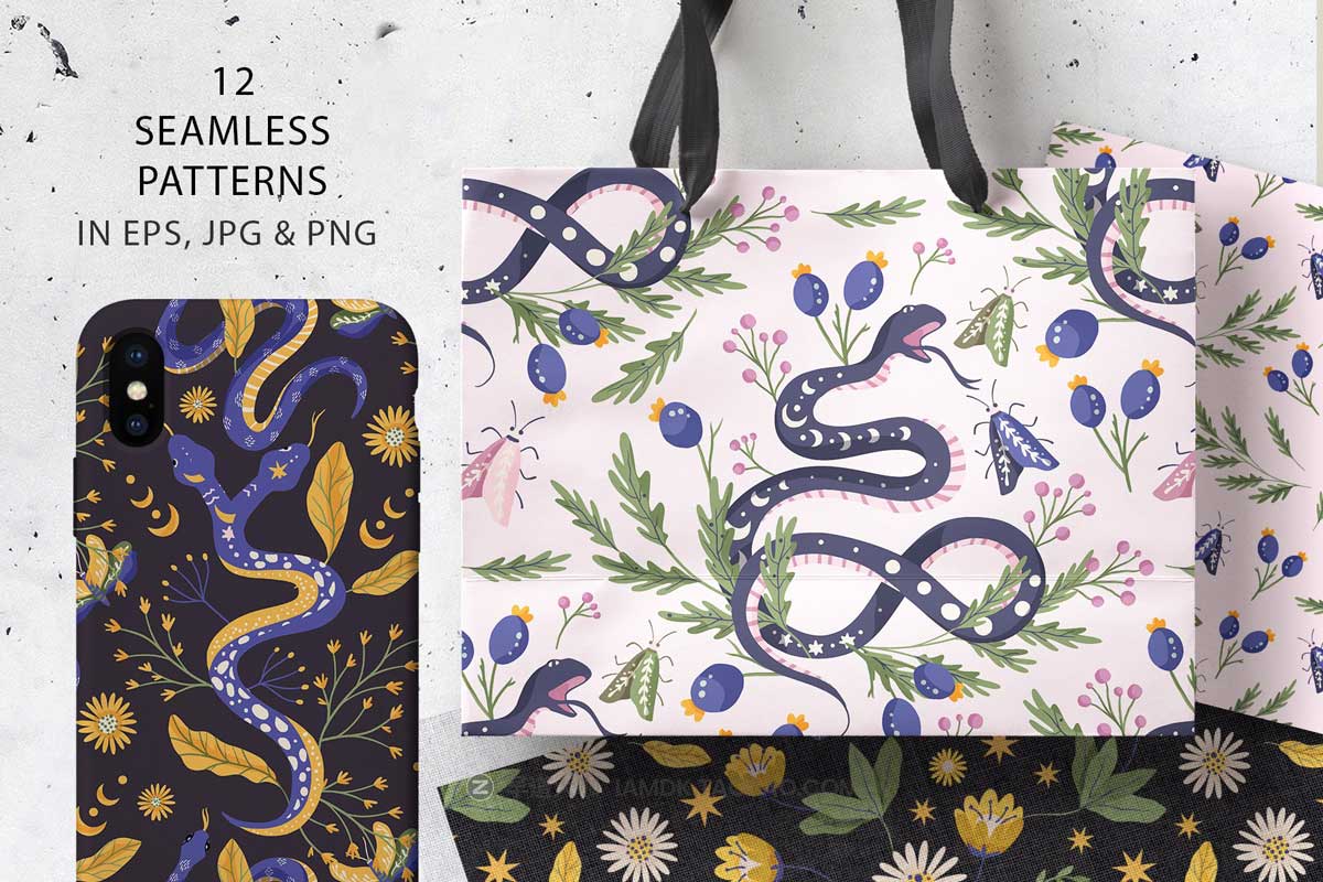 80+张神秘魔法眼镜蛇花卉手绘插画AI矢量设计素材 Snake Illustration & pattern bundle插图4