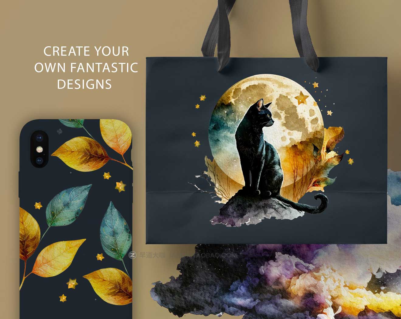 神秘魔法猫猫月亮星星手绘水彩剪贴画PNG免抠背景图设计素材 Cat Watercolor Magic illustration插图5