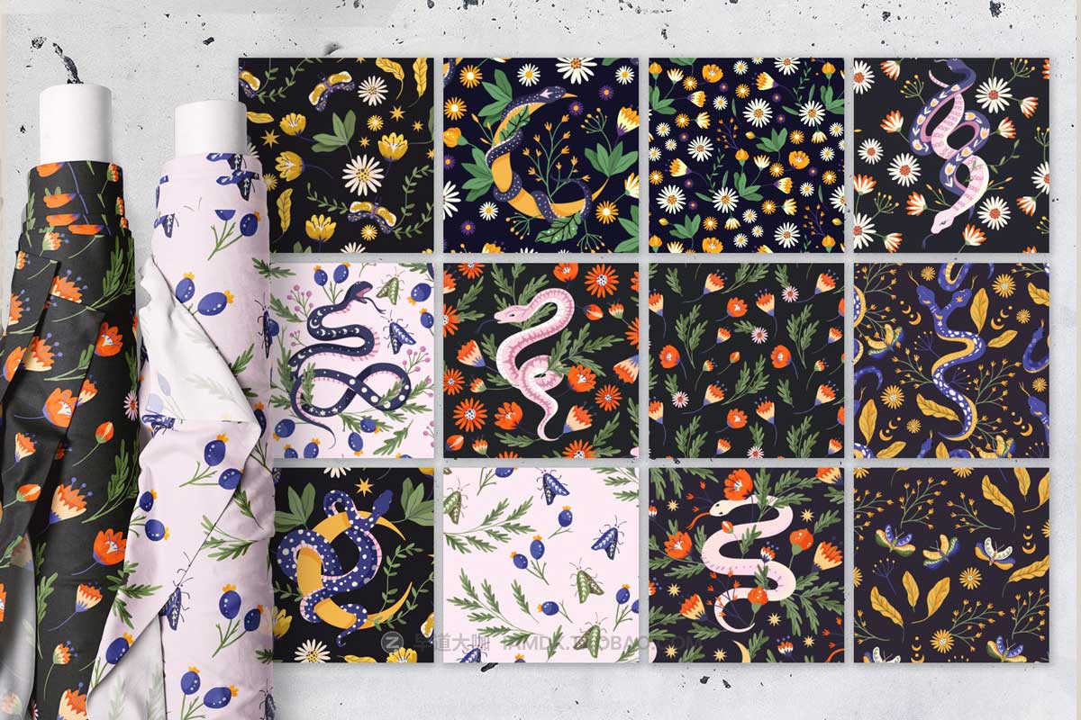 80+张神秘魔法眼镜蛇花卉手绘插画AI矢量设计素材 Snake Illustration & pattern bundle插图5
