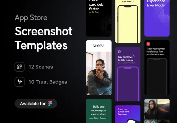 12种多种苹果Apple Store和Google Play Store市场截图UI界面展示Figma样机模板 App Store Screenshot Templates