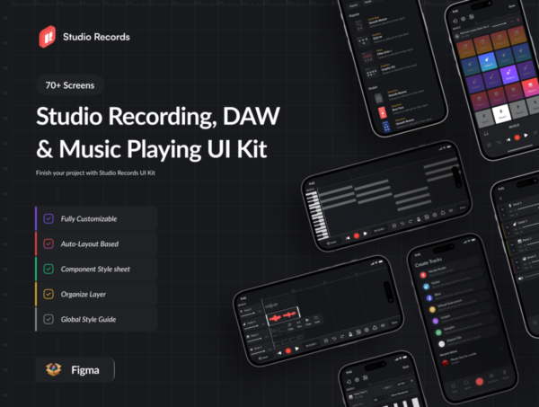 70+屏暗黑音乐播放器社交交友软件APP界面设计UI套件Figma模板素材 Studio Records DAW UI Kit