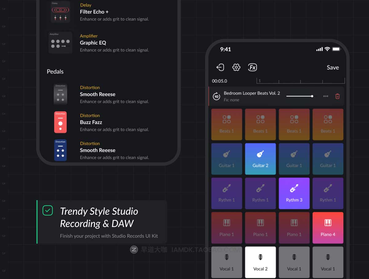 70+屏暗黑音乐播放器社交交友软件APP界面设计UI套件Figma模板素材 Studio Records DAW UI Kit插图3