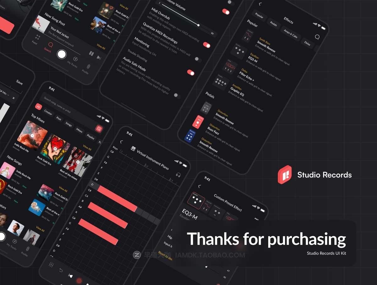 70+屏暗黑音乐播放器社交交友软件APP界面设计UI套件Figma模板素材 Studio Records DAW UI Kit插图5