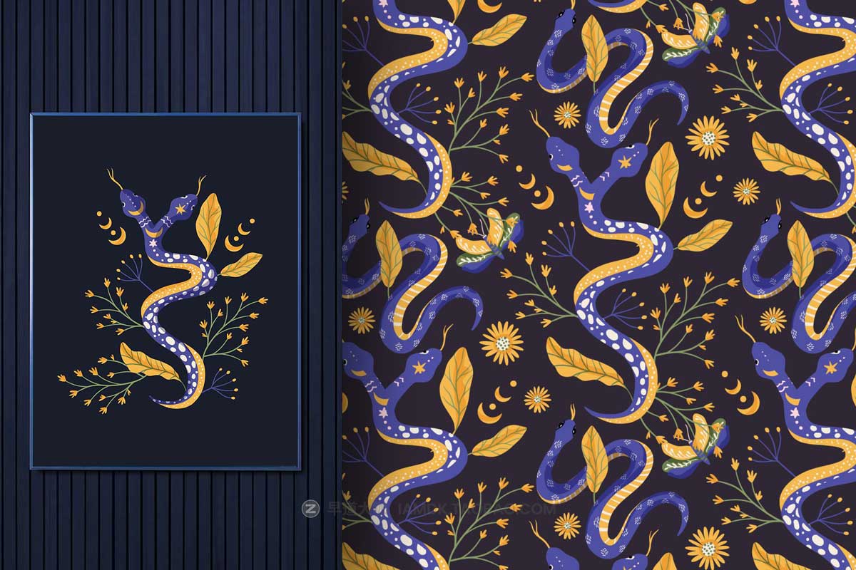 80+张神秘魔法眼镜蛇花卉手绘插画AI矢量设计素材 Snake Illustration & pattern bundle插图6