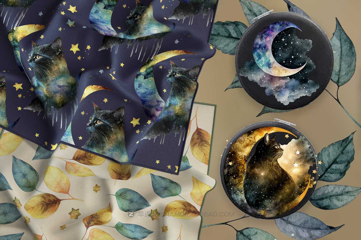 神秘魔法猫猫月亮星星手绘水彩剪贴画PNG免抠背景图设计素材 Cat Watercolor Magic illustration插图6
