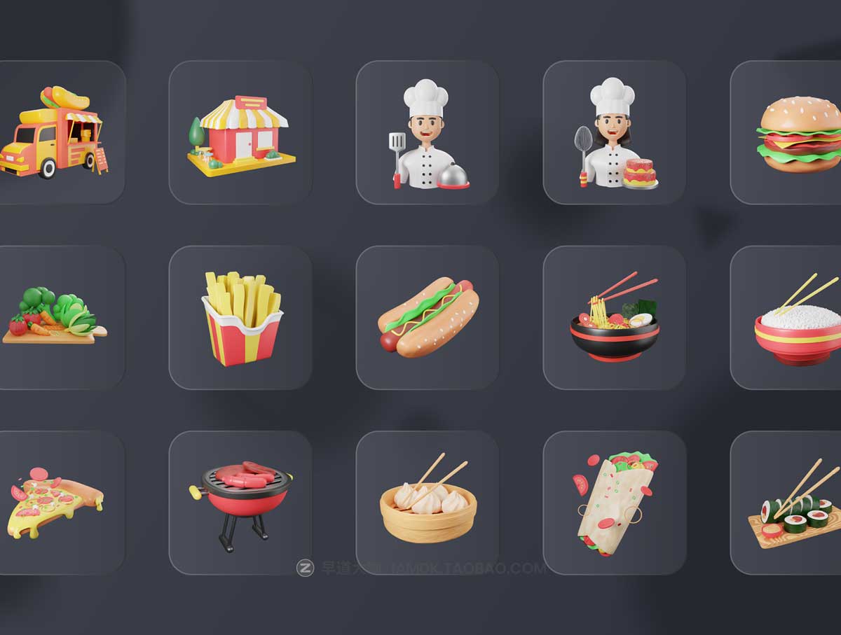 30款食品食物美食膳食3D图标Icons插图插画设计素材包 30 3D Food & Meals Icons Illustration