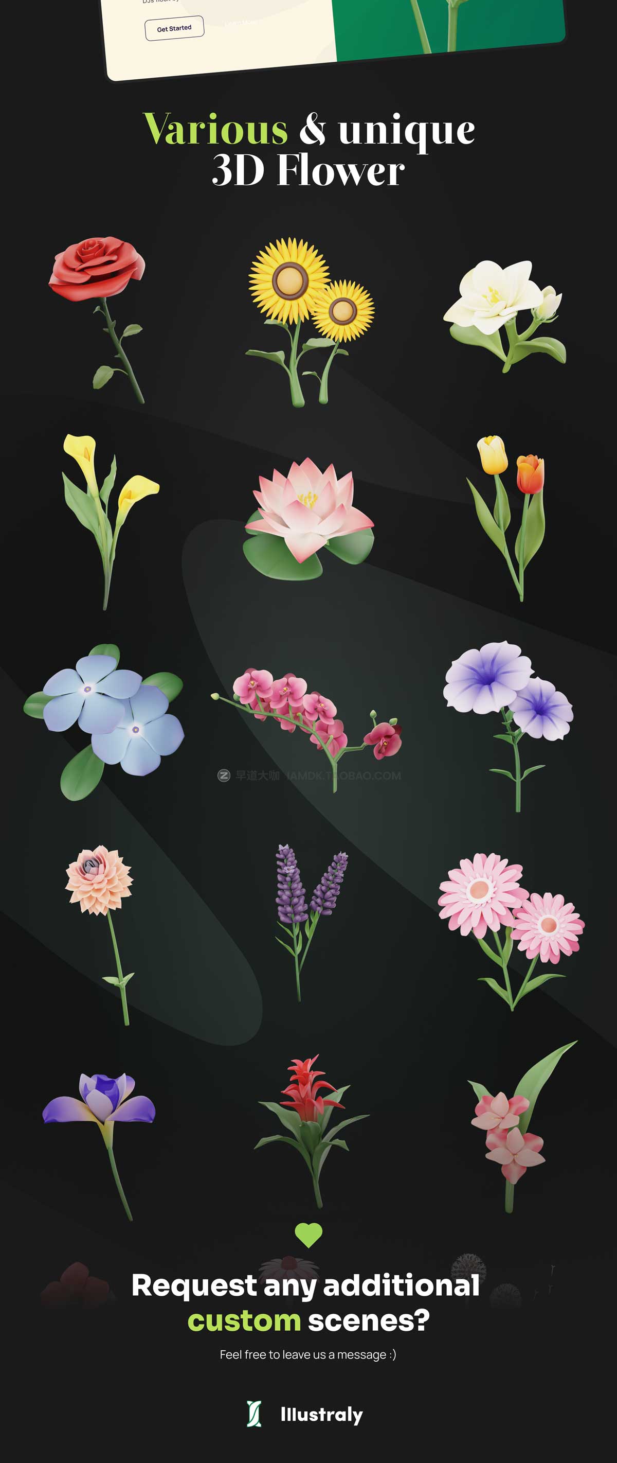 20款逼真玫瑰向日葵樱花植物花卉3D插图插画PNG免抠图片设计素材 Flowy – Flowers 3D Icon Set插图8