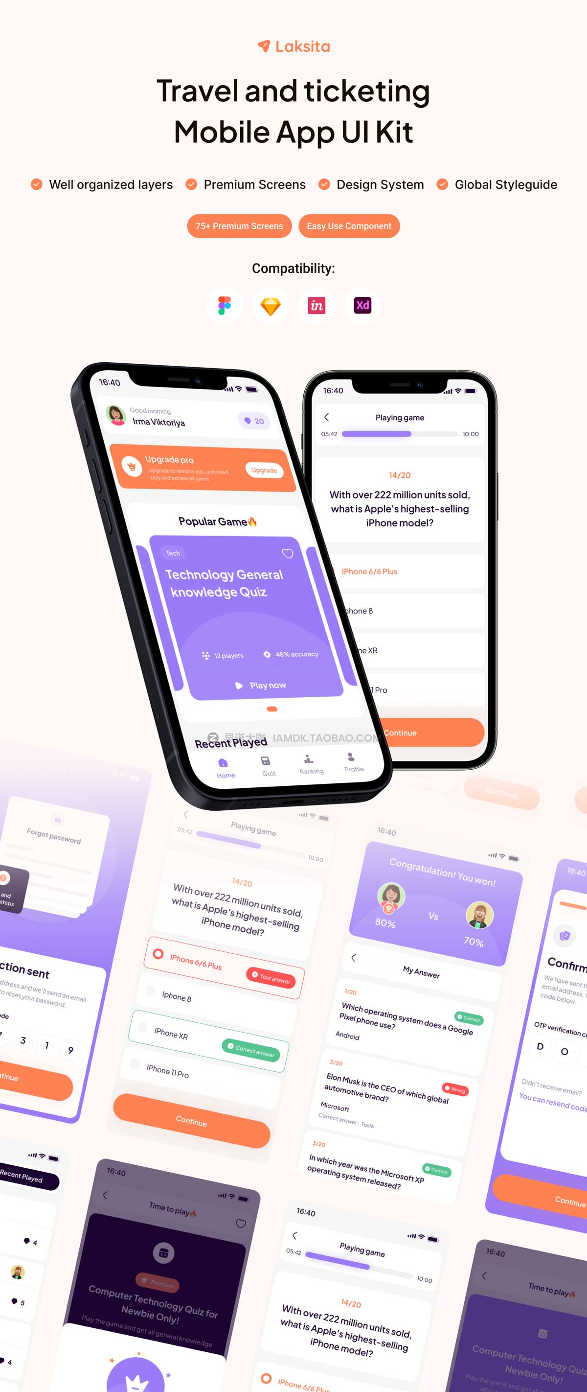40多屏简洁电子设备性能测试应用程序APP界面设计UI套件素材 Dolano – Quiz Apps UI KIT插图6