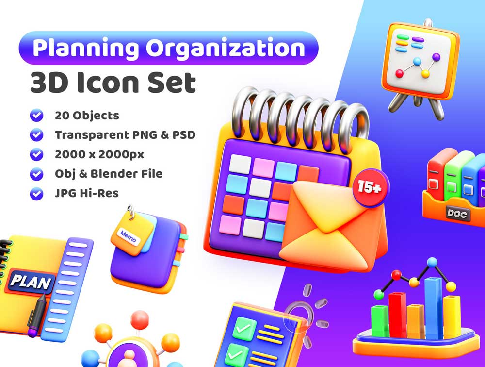 20款3D卡通商业管理日程行程规划插图图标Icons设计素材包 Planning Organization 3D Illustration Pack插图23