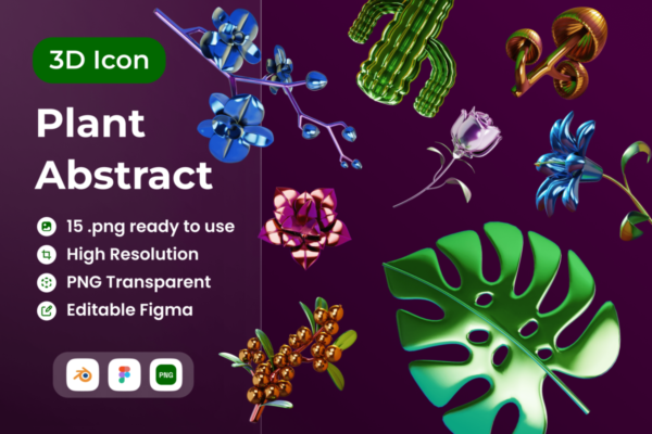 15款高级3D金属装饰植物花朵叶子插图插画Blender&Figma设计素材 Plant Abstract 3D Illustration