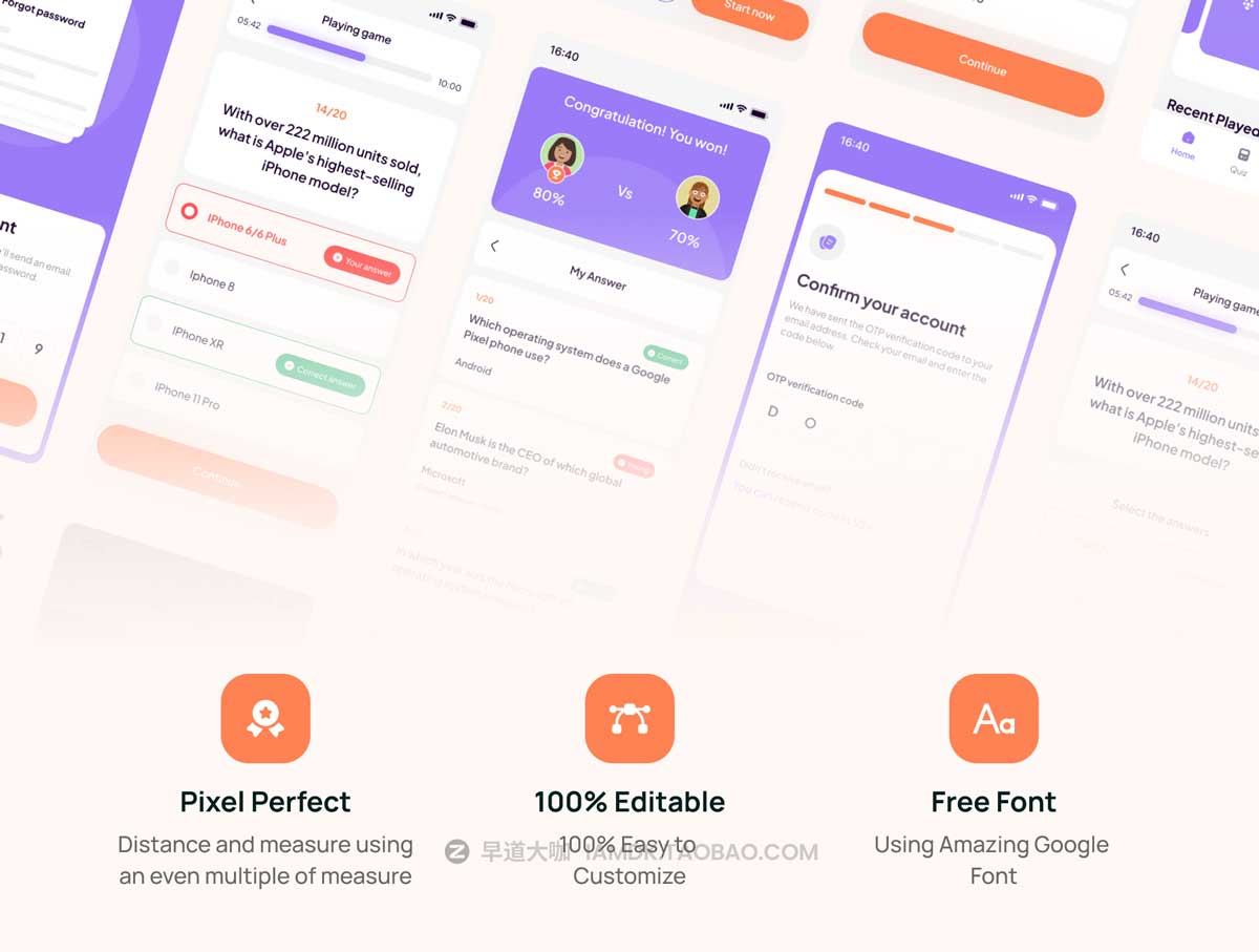 40多屏简洁电子设备性能测试应用程序APP界面设计UI套件素材 Dolano – Quiz Apps UI KIT插图4