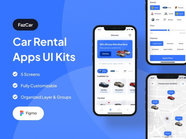 35屏现代简约汽车在线租赁共享汽车APP界面设计Figma模板素材 FazCar – Car Rental App UI Kit