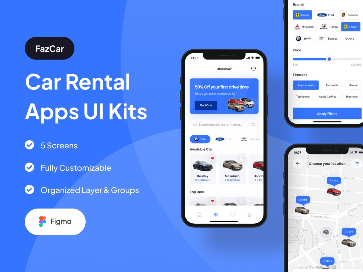 35屏现代简约汽车在线租赁共享汽车APP界面设计Figma模板素材 FazCar – Car Rental App UI Kit插图