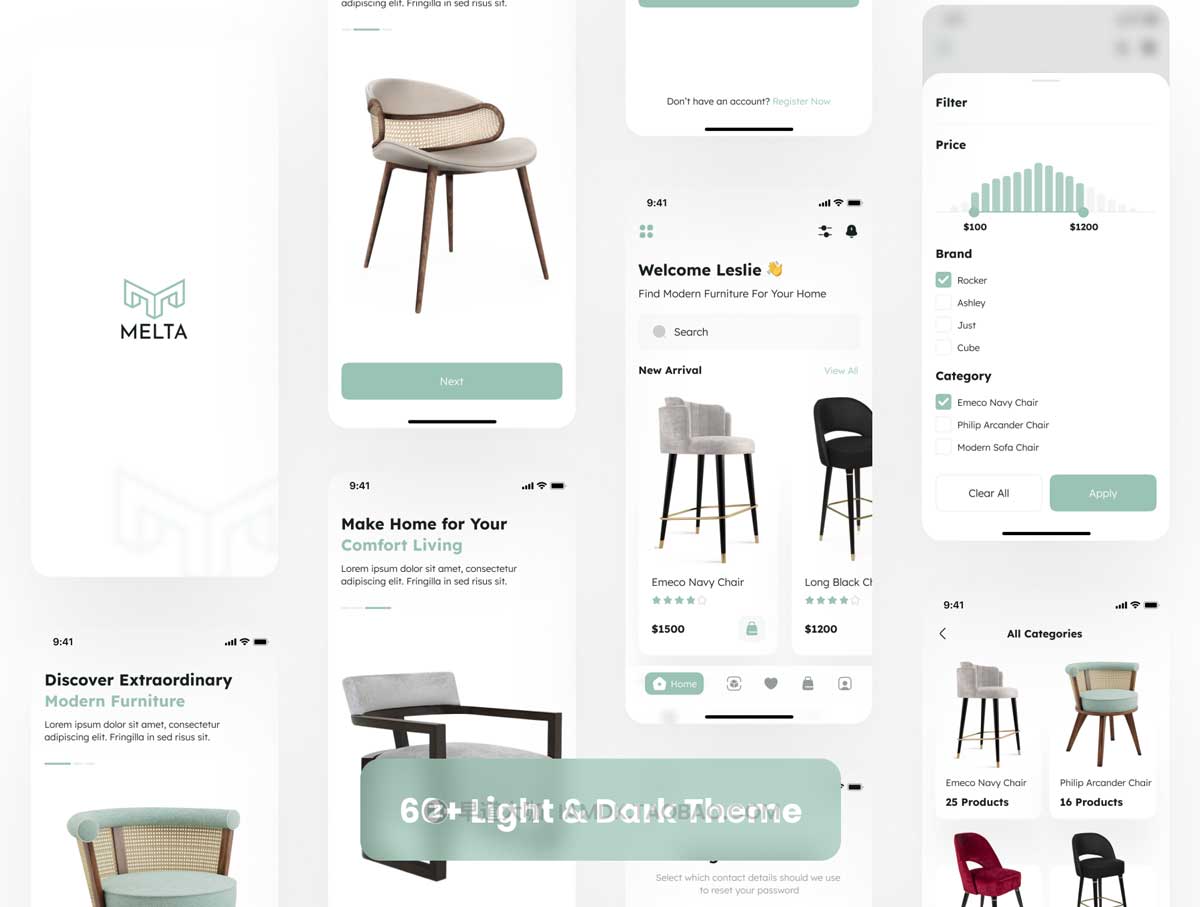 60+高级沙发家具电子商城在线购买APP软件界面设计UI套件 Melta – Ecommerce Furniture App UI Kit插图4 60+高级沙发家具电子商城在线购买APP软件界面设计UI套件 Melta – Ecommerce Furniture App UI Kit插图4