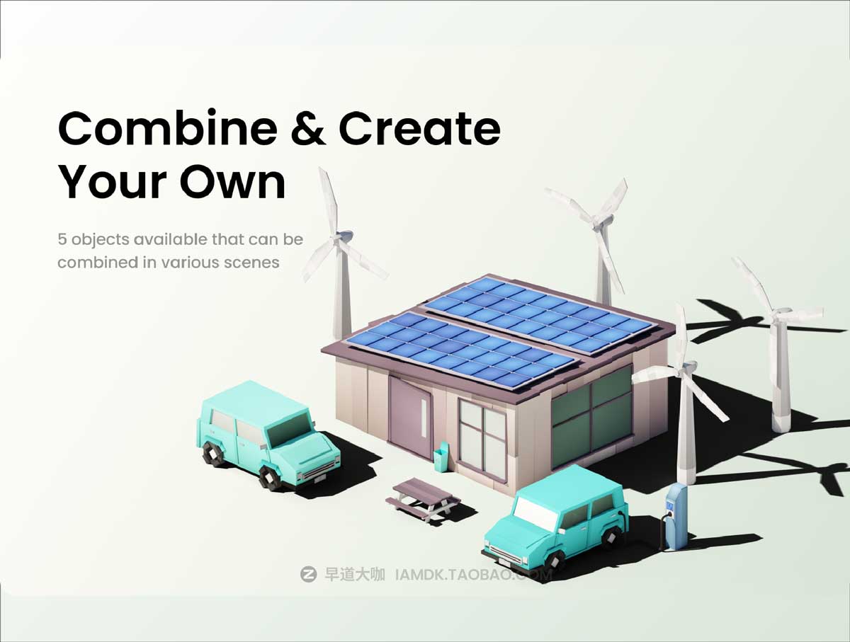 绿色能源风力发电环境环保手绘插画插图Blend模型素材包 Green Energy 3D Illustration插图1