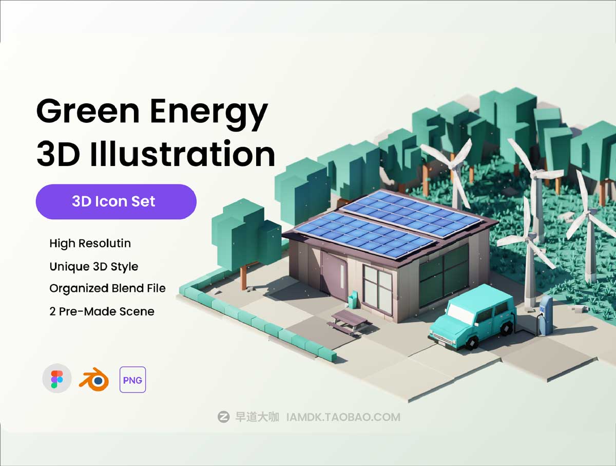 绿色能源风力发电环境环保手绘插画插图Blend模型素材包 Green Energy 3D Illustration插图