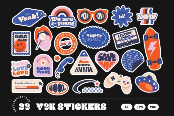 90年代复古Y2K俏皮标签贴纸插画插图AI矢量设计素材 Y2K Retro Illustrations Set