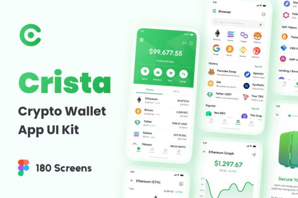 180屏极简加密货币电子钱包银行金融软件APP界面设计UI套件素材 Crista – Crypto Wallet App UI Kit